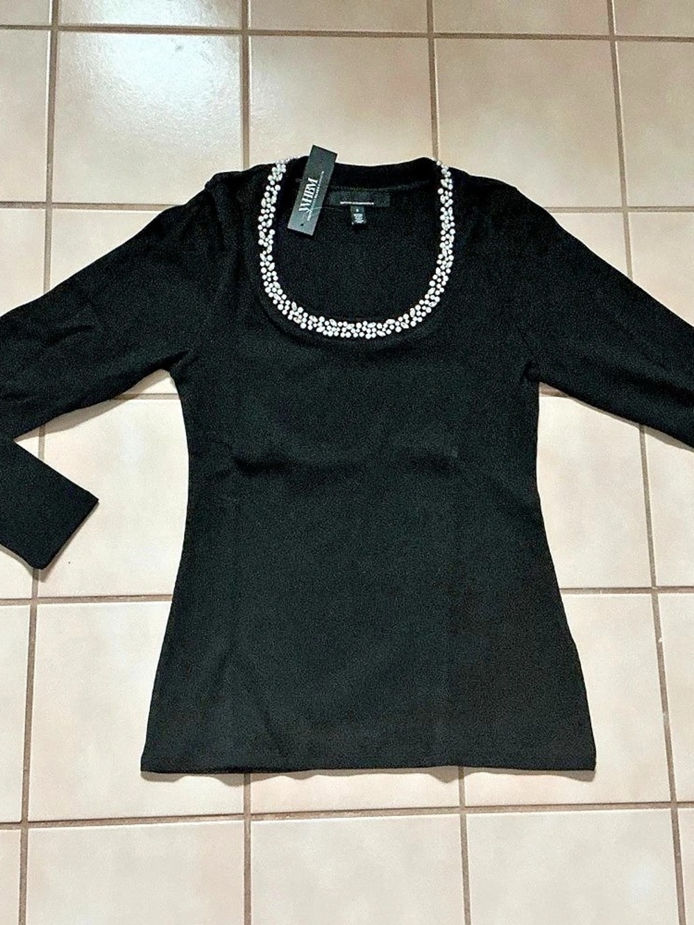 White House Black Market Embellished Scoop Neck Ribbed Top Sz S NWT! Black
